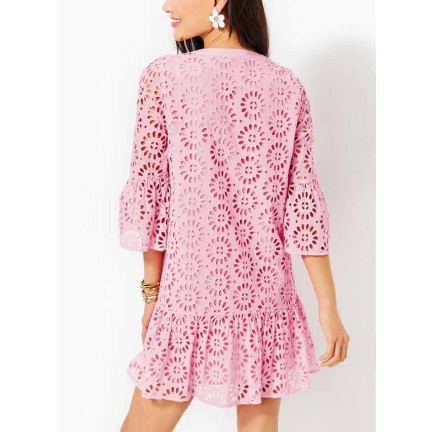 LILLY PULITZER Womens Bekah Eyelet Mini Dress Large Pink Peony Ruffle Hem NWOT