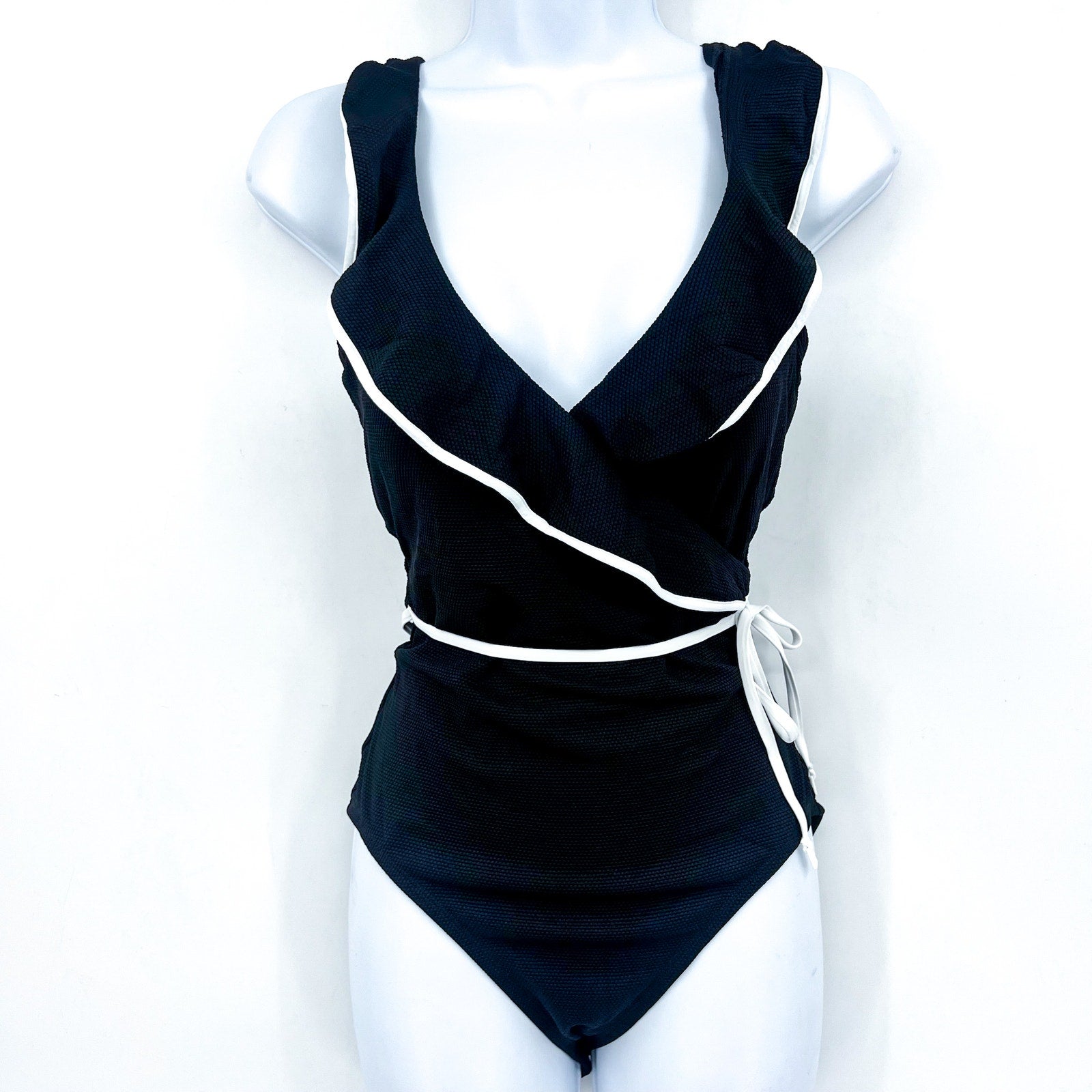 TOMMY BAHAMA Island Cays Cabana Wrap-Front One-Piece Swimsuit 14 Black NWT