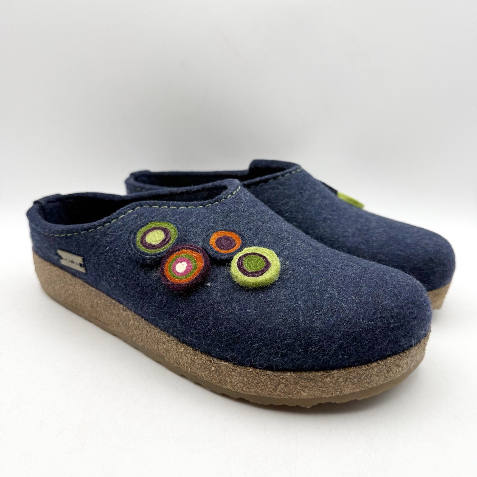 Haflinger Womens Chloe Slippers EU 39 US 8 Blue Wool Felt Appliqués NWOB