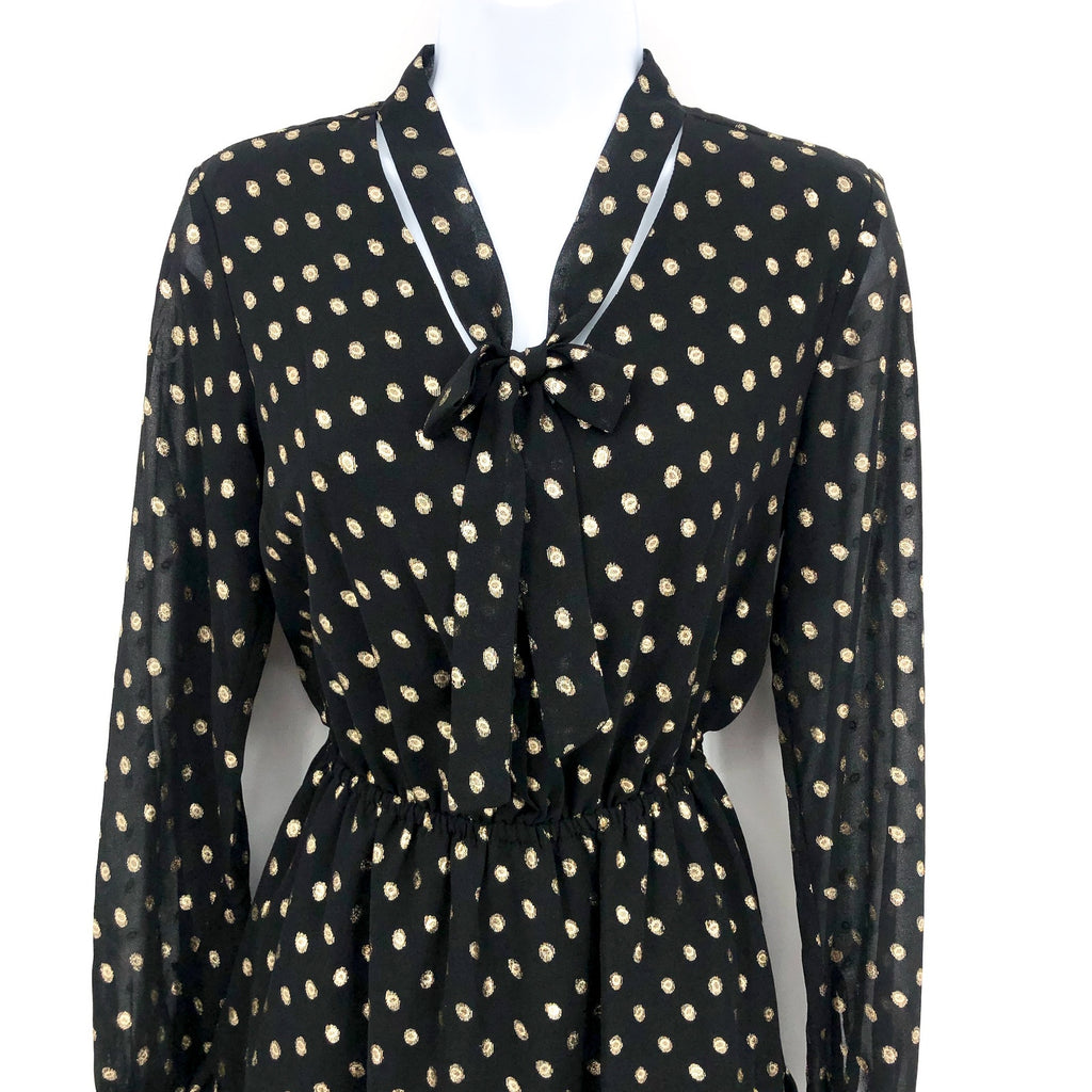 NANETTE LEPORE Metallic Dot Dress Size 2 Black Gold Chiffon Ruffle Neck NWT