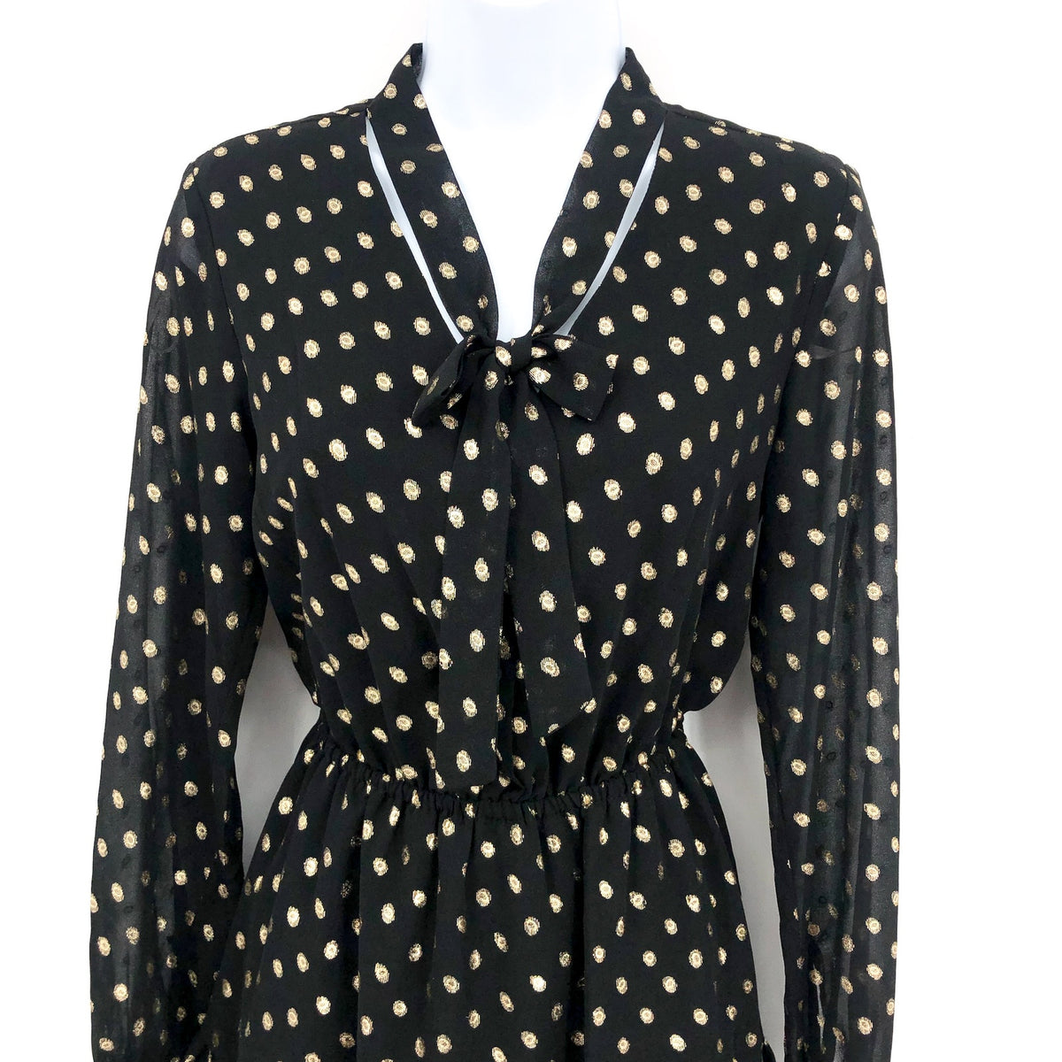 NANETTE LEPORE Metallic Dot Dress Size 2 Black Gold Chiffon Ruffle Neck NWT
