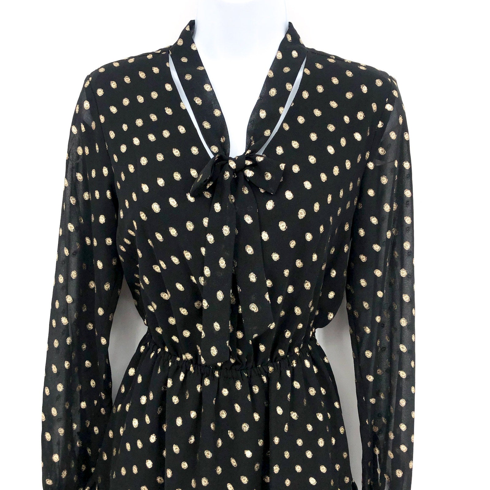 NANETTE LEPORE Metallic Dot Dress 2 Black Gold Chiffon Ruffle Neck Scarf NWT