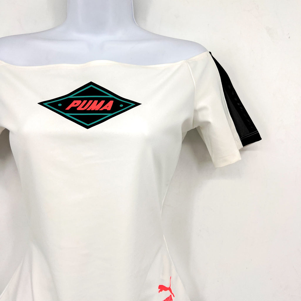 PUMA Women's XTG Bodysuit Shirt Medium White Multicolor Off Shoulder NWT