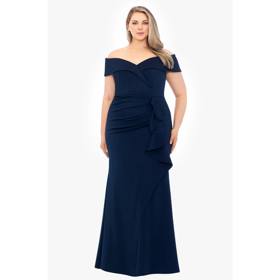XSCAPE Patti Long Off the Shoulder Scuba Crepe Dress 22W Blue Midnight NWT