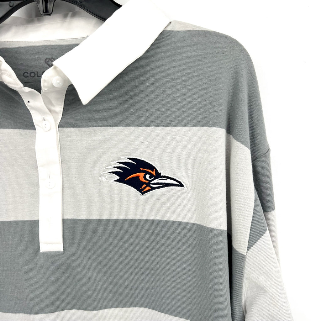COLOSSEUM Womens U of Texas SA World Peace Rugby Shirt Medium Grey White NWT