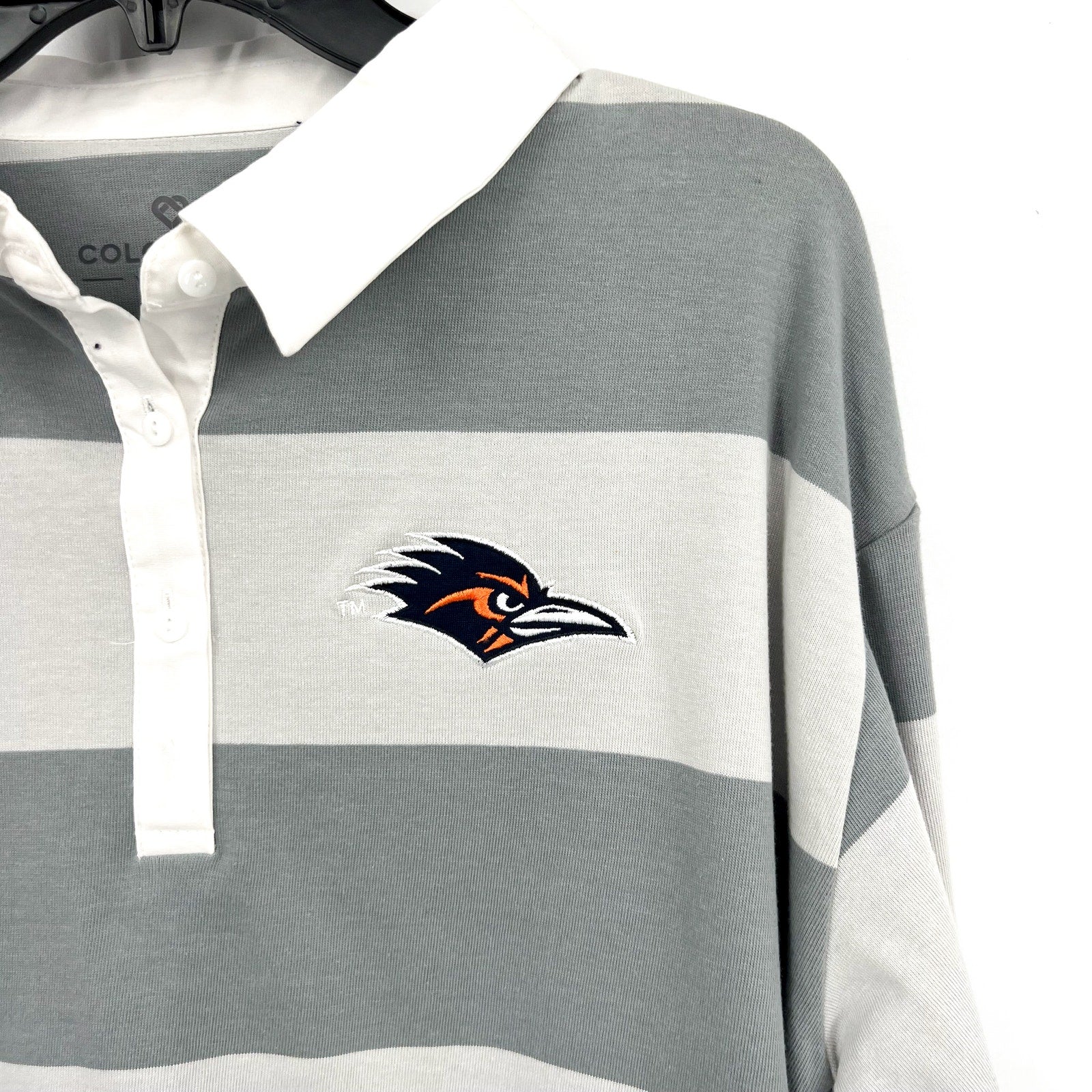 COLOSSEUM Womens U of Texas SA World Peace Rugby Shirt Medium Grey White NWT
