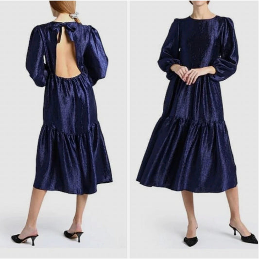 TOPSHOP Open Back Midi Dress Size 10 Midnight Blue Premium Textured Jacquard NWT