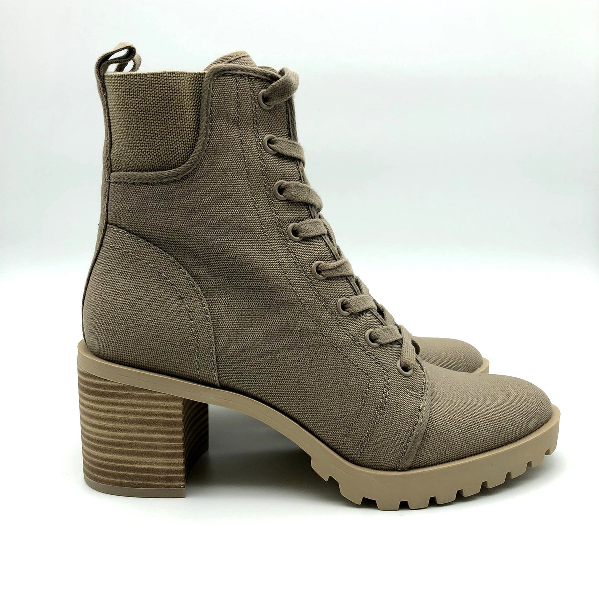 Dolce Vita Womens Combat Boots Size 8.5 Tan Canvas Stacked Heel NWOB