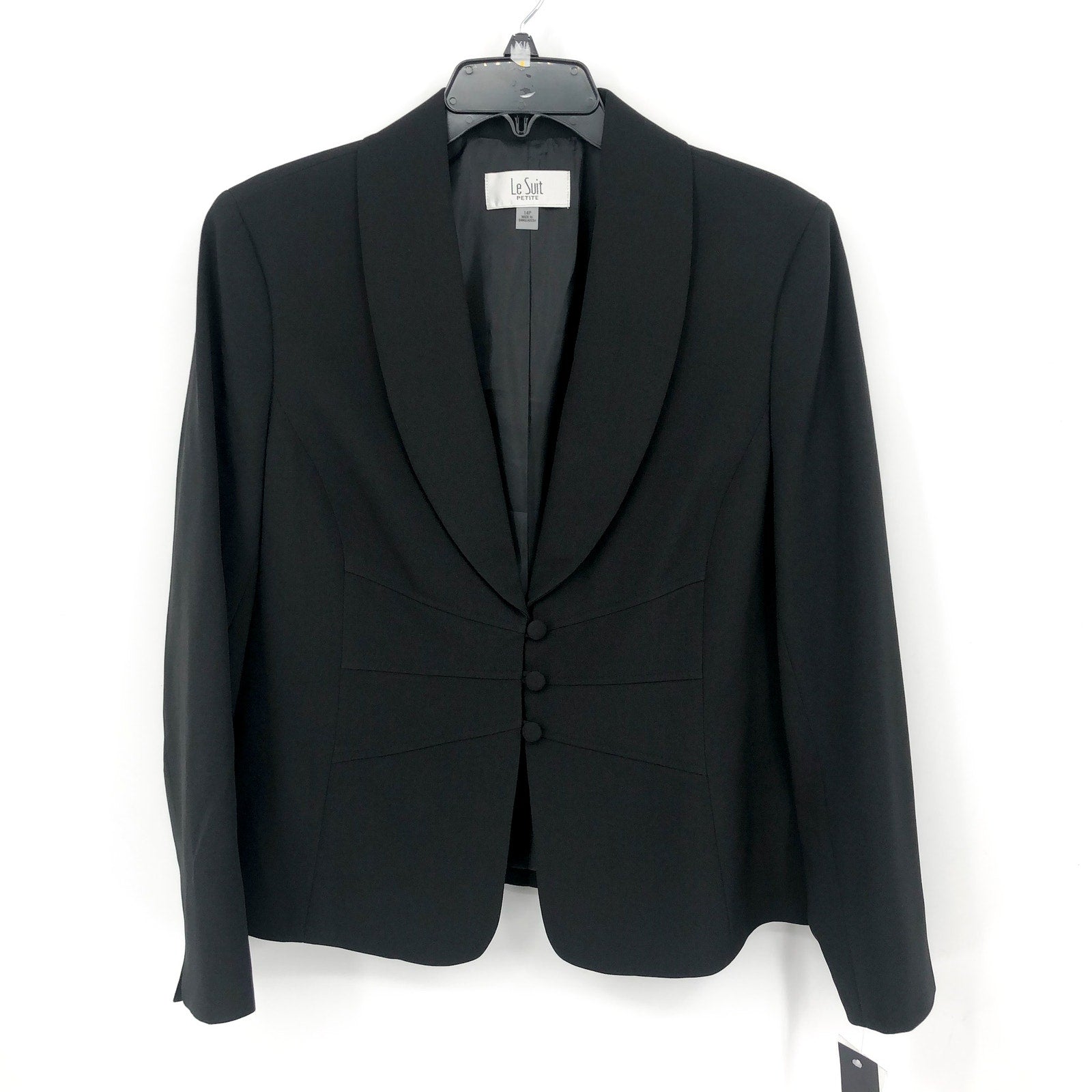 LE SUIT Womens Shawl Collar Suit Jacket 12P PETITE Black Coated Buttons NWT