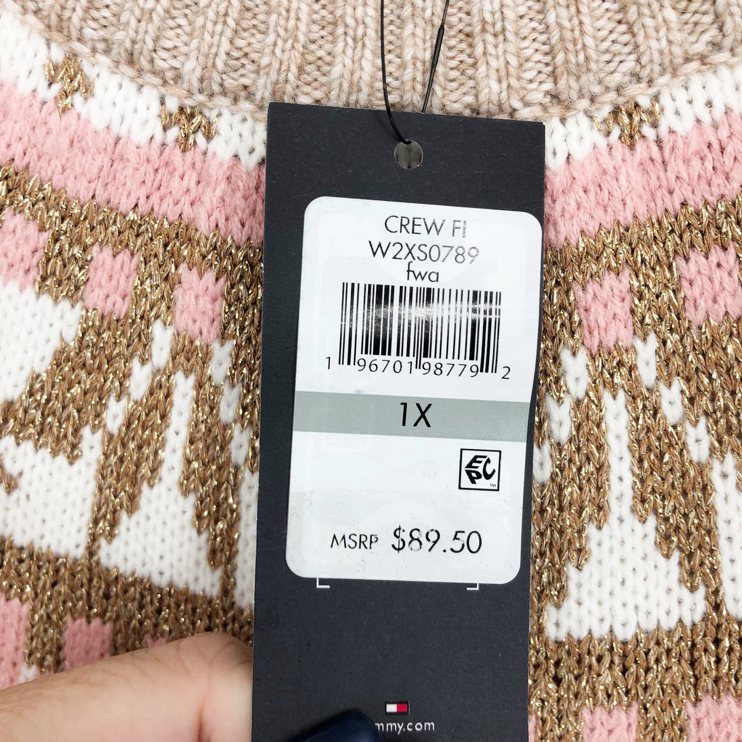 TOMMY HILFIGER Womens Pullover Sweater 1X Tan Pink Knit Metallic Fairisle NWT