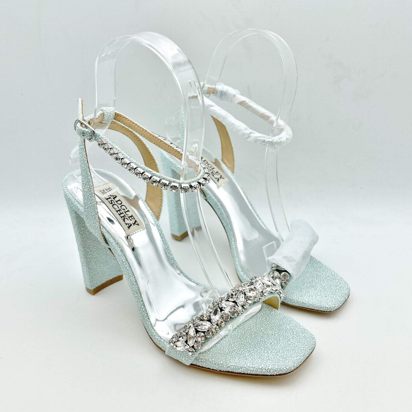 BADGLEY MISCHKA Womens Tasmine Tall Evening Sandals US 6.5 Blue Crystals NIB