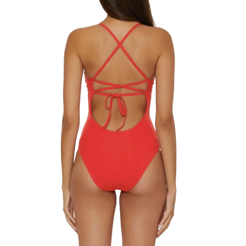 BECCA Fiesta Clare Plunge One Piece Swimsuit Large Fire Red Embroidered NWT