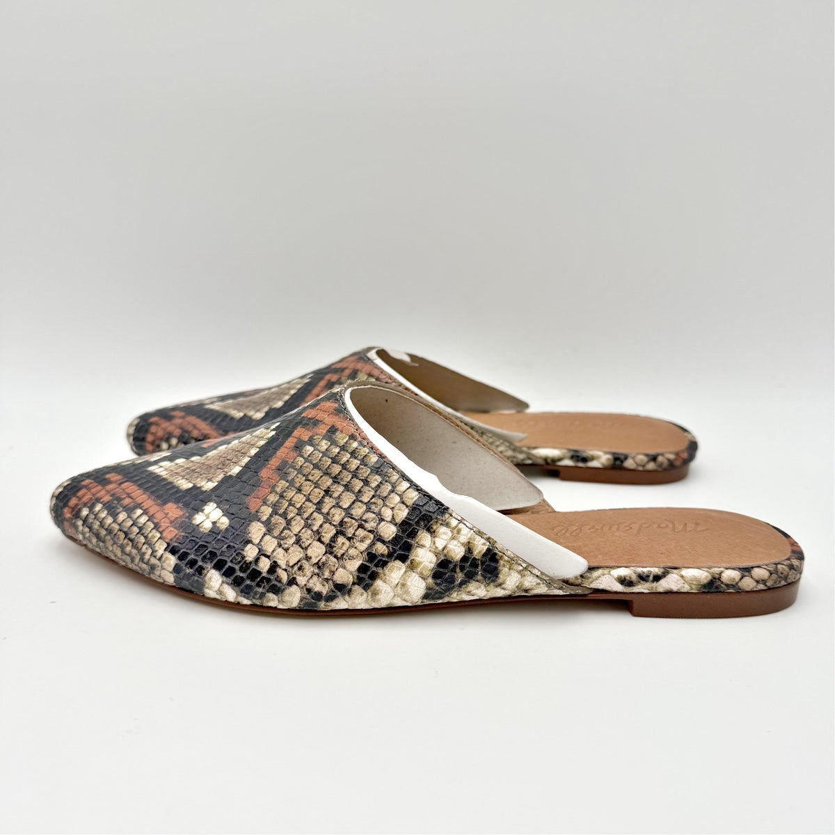 Madewell Womens Remi Mules Size 6 M Brown Leather Snake Print Slide Flats NIB