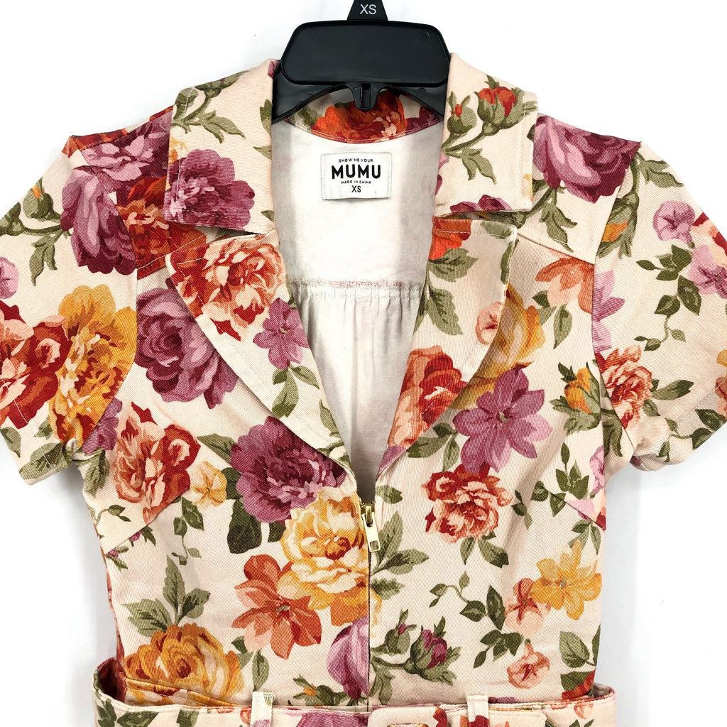 SHOW ME YOUR MUMU Womens Outlaw Romper XS Ivory Floral Denim Belted NWOT