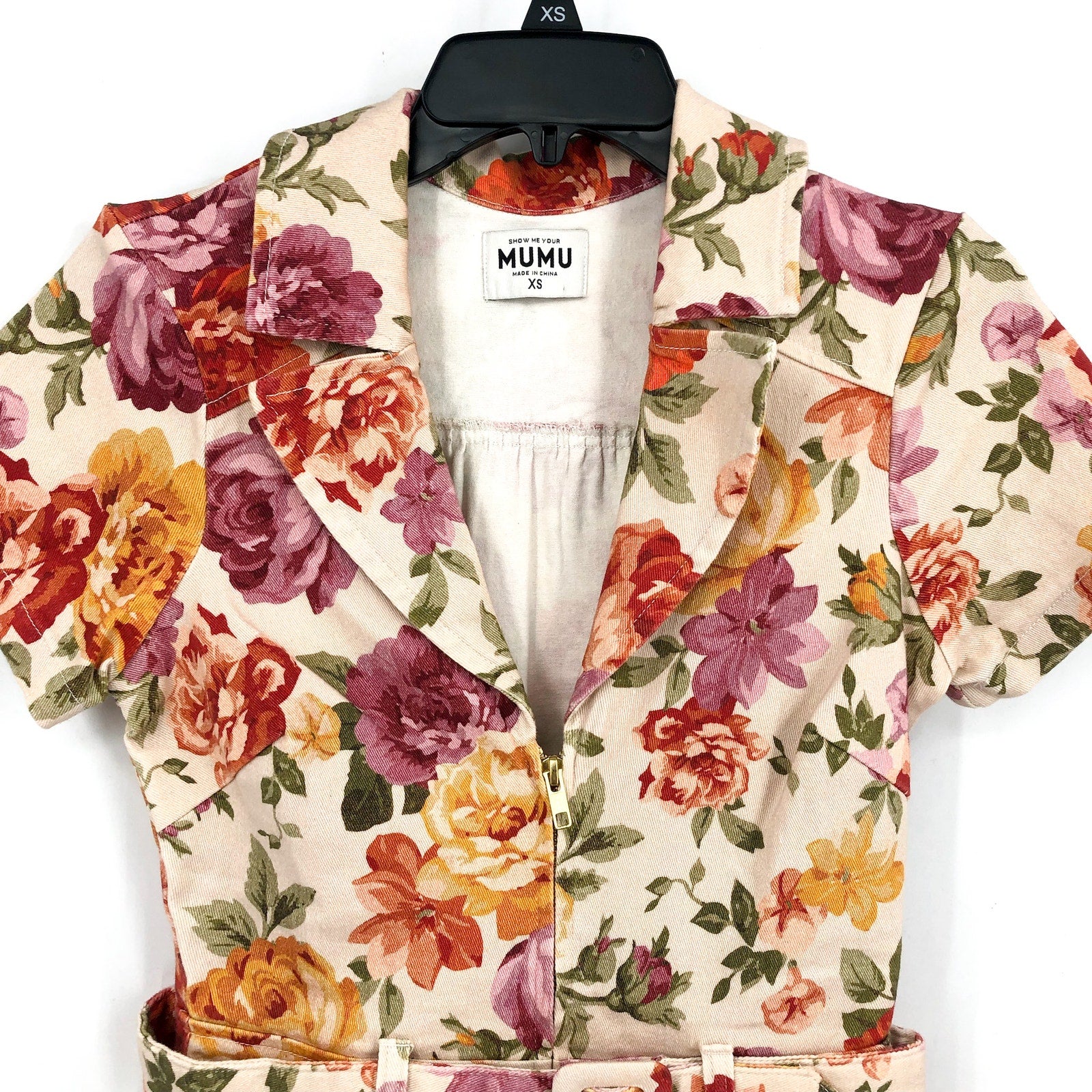 SHOW ME YOUR MUMU Womens Outlaw Romper XS Ivory Floral Denim Belted NWOT