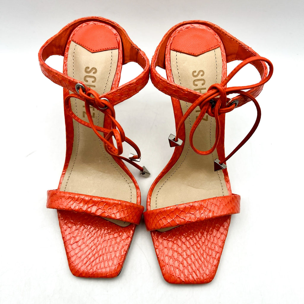 Schutz Womens Mavis Heel Sandal Size 5.5 Snake Shine Bright Orange Leather NIB