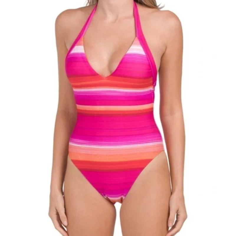 TRINA TURK Women's Solstice Plunge One Piece Swimsuit Size 4 Pink Multi NWT