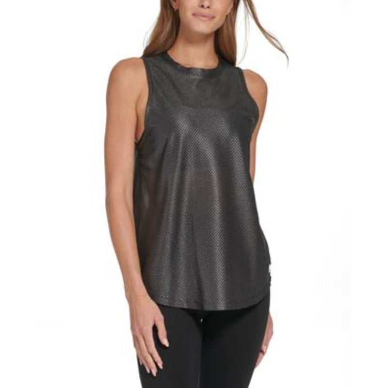 DKNY Sport Womens Honeycomb Mesh Sleeveless Top Large Silver Black NWT