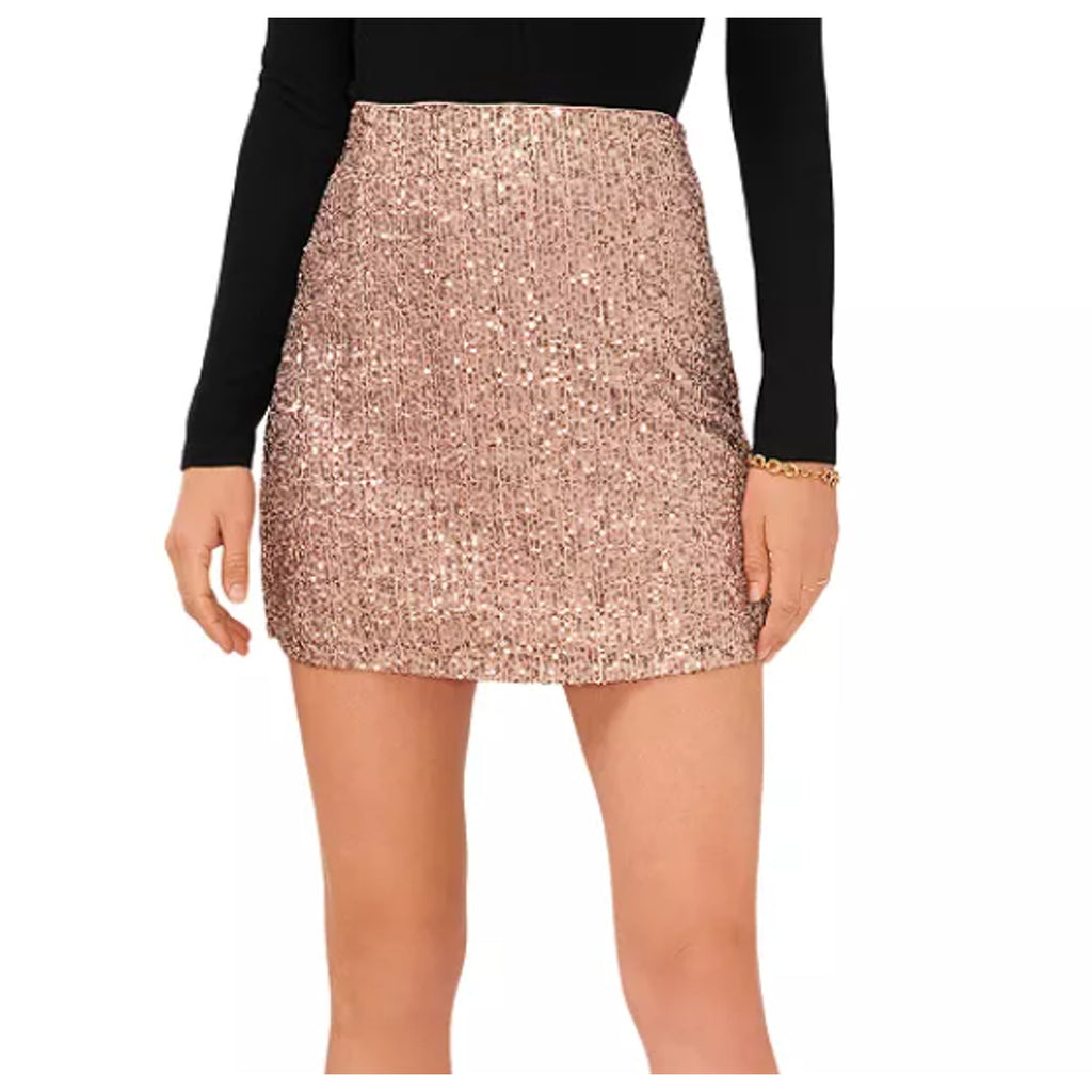 1.STATE Womens Sequin Mini Skirt 8 Champagne Side Zip Lined Party NWT