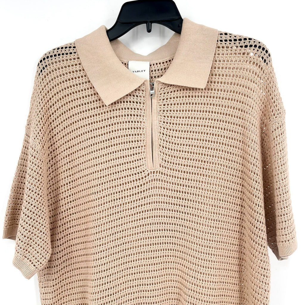 VARLEY Womens Clayton Polo Sweater Medium Beige Moonlight Knit Short Sleeve NWOT