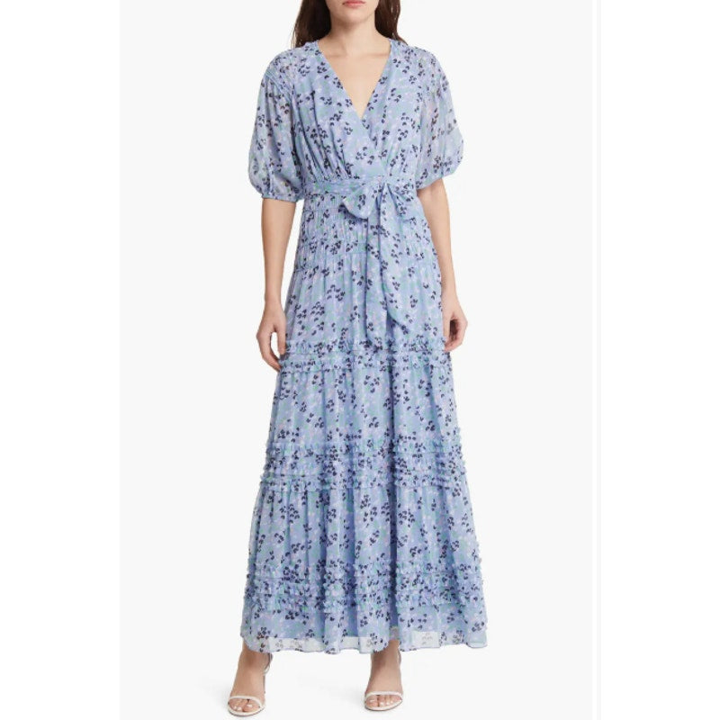 TED BAKER Womens Blakeli Floral Dress TED 0 US 2 Blue Smocked Puff Sleeve NWOT