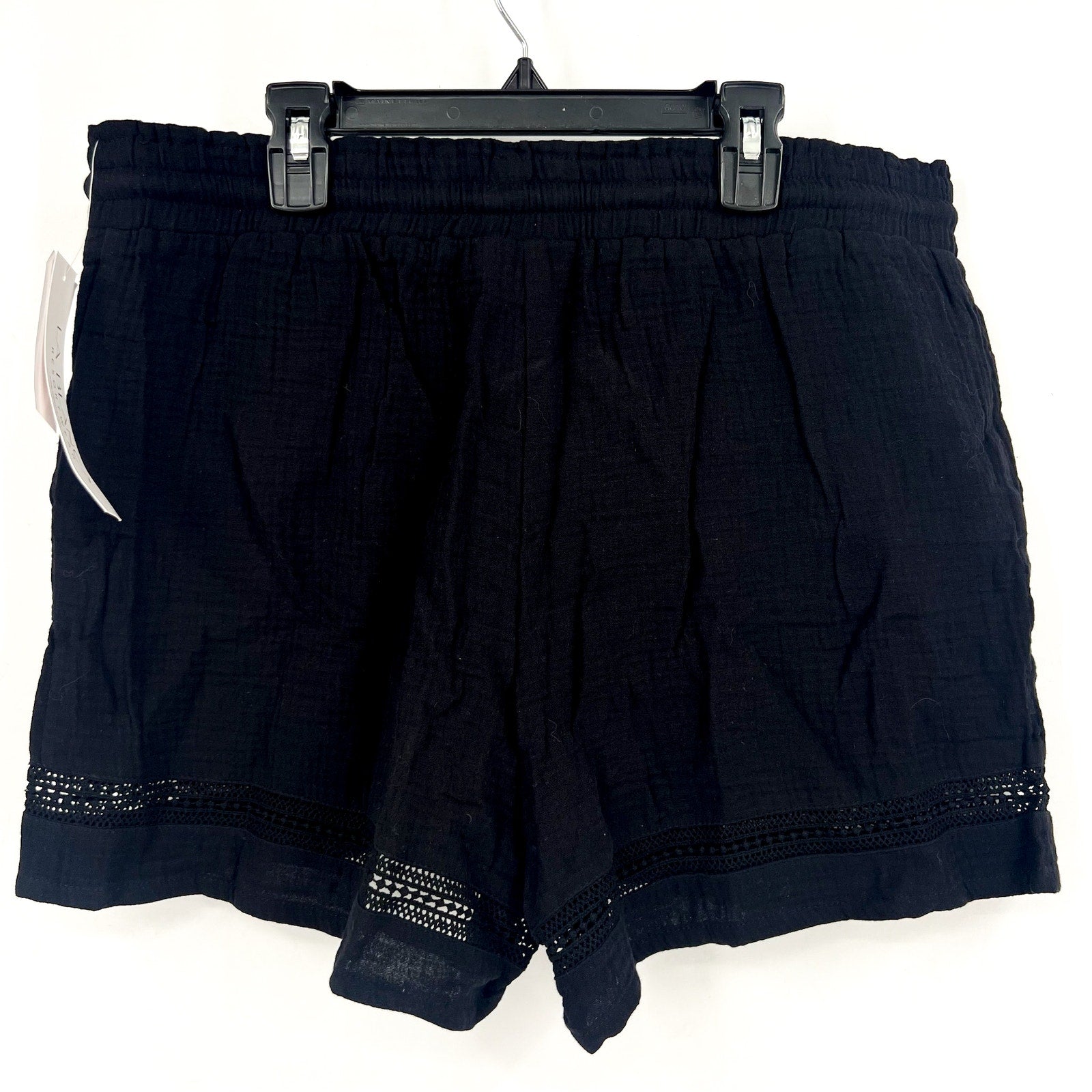 LA BLANCA Womens Seaside Coverup Beach Shorts Large Black Gauze Drawstring NWT