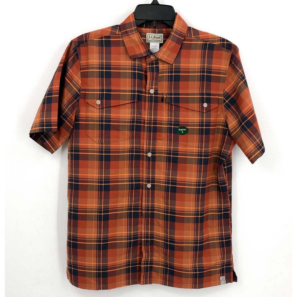L.L.BEAN Mens Short Sleeve Shirt Small Orange Blue Plaid SunSmart Cool Weave NWT
