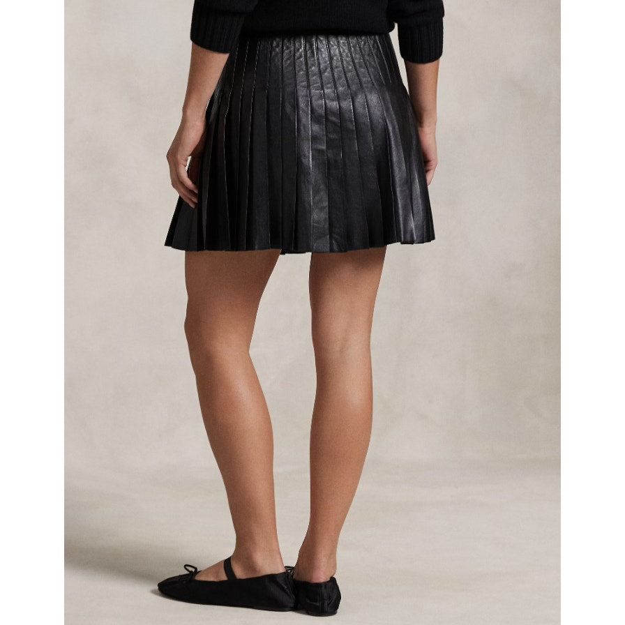 LAUREN RALPH LAUREN Knife-Pleated Lambskin Miniskirt Size 10 Black Leather NWOT