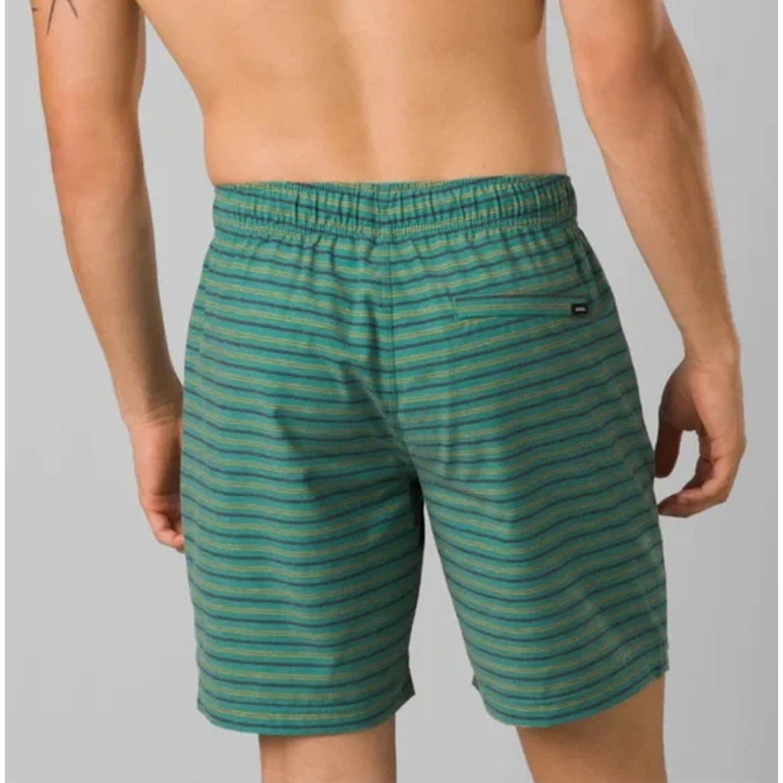 PRANA Men's Metric Swim Shorts Large Green Blue Cove Stripe 8" Inseam NWT