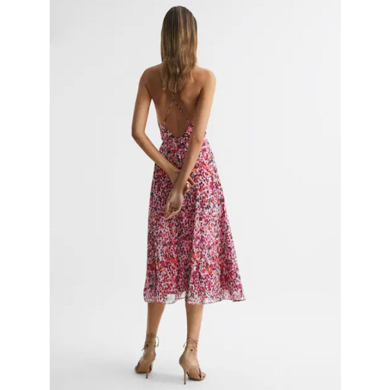 REISS Women's Pippa Floral Printed Midi Dress Size 12 Pink Sleeveless NWT