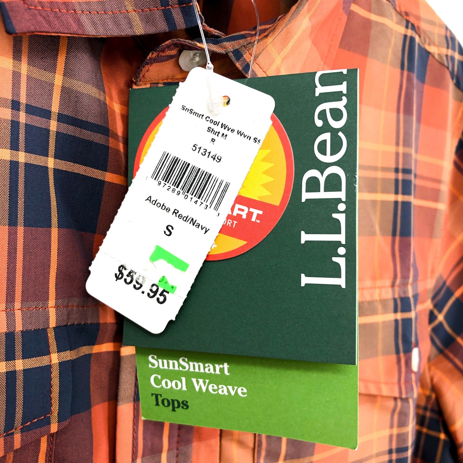 L.L.BEAN Mens Short Sleeve Shirt Small Orange Blue Plaid SunSmart Cool Weave NWT