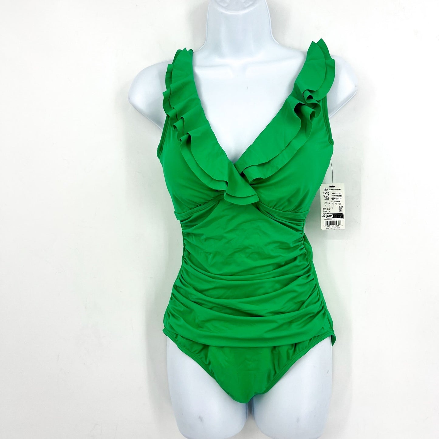 LAUREN RALPH LAUREN Ruffle One Piece Swimsuit Size 8 Palm Green Beach Club NWT