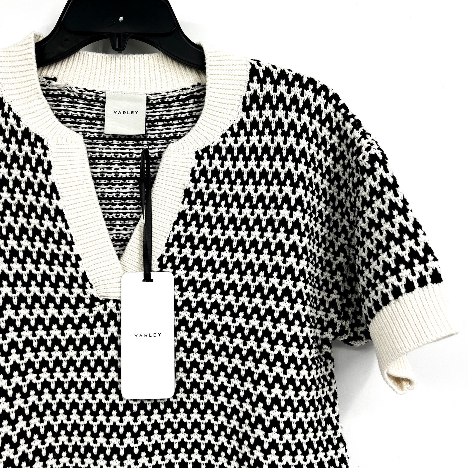VARLEY Women's Dora Knit Cotton Top Small Black White Drop Shoulder Textured NWT