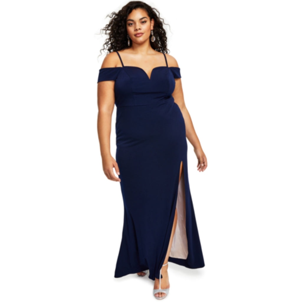 CITY STUDIO Trendy Off-The-Shoulder Slit Gown 16W Navy Blue Rose Pink NWT
