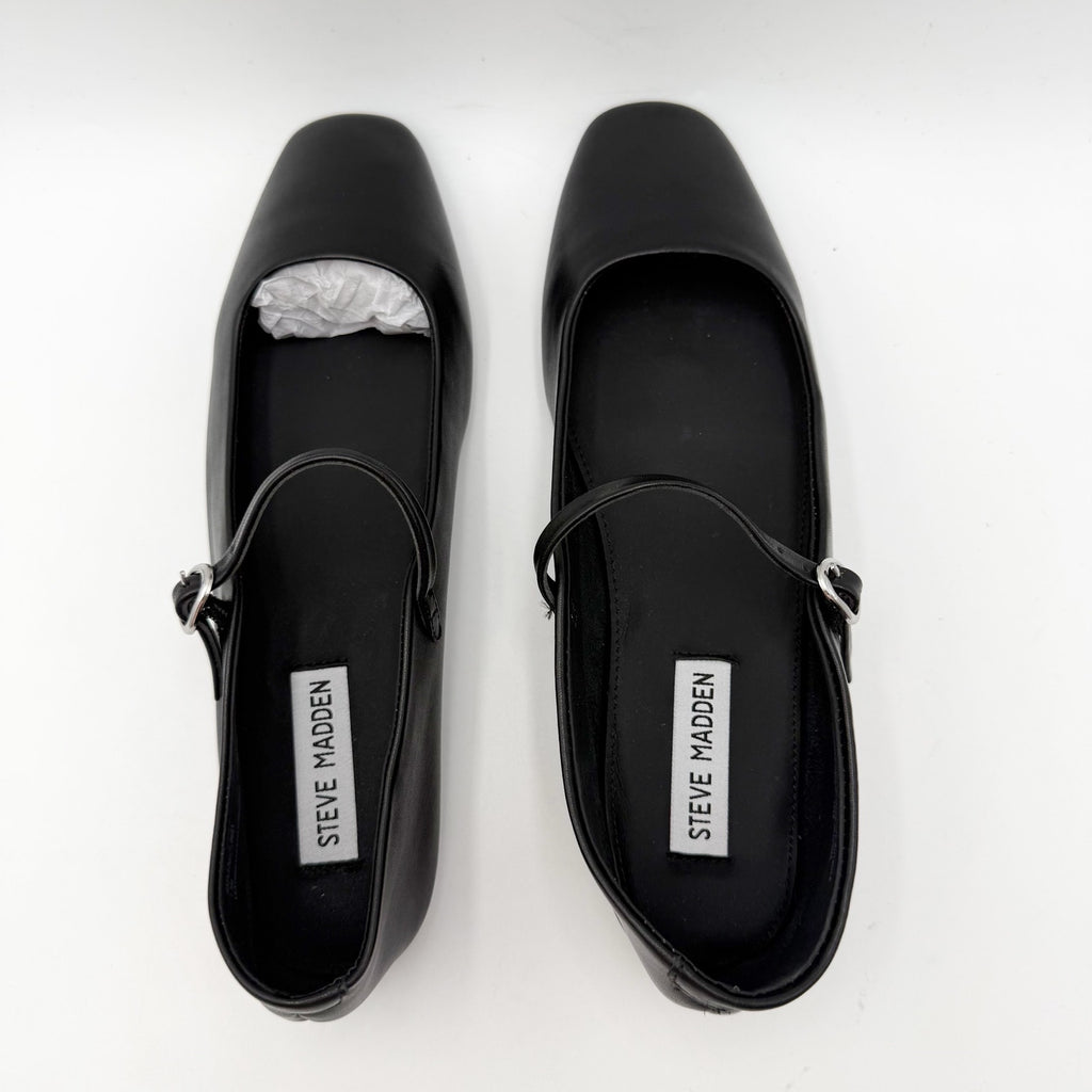 Steve Madden Womens Maple Flats Size 7.5 M Black Leather Mary Jane NWOB