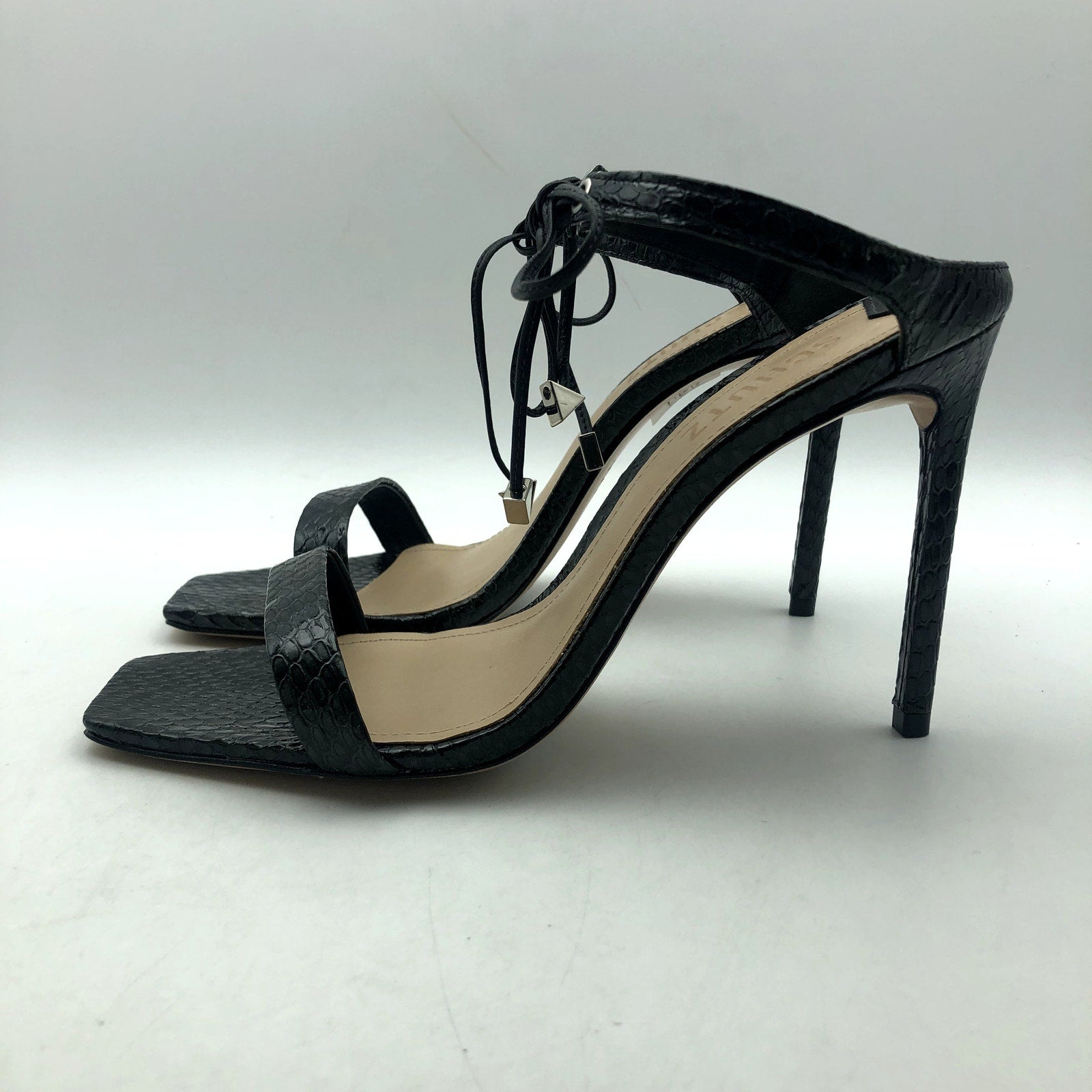 SCHUTZ Womens Mavis Heel Sandals Size 5 B Black Snake Shine Leather NIB