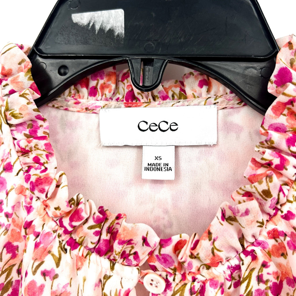 CECE Women's Ruffled Blouse XS Pink Floral Keyhole-Neck Flutter-Sleeve NWT