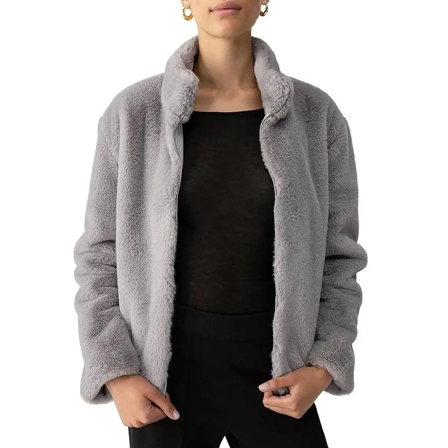 Sanctuary Womens Lux Faux Fur Short Coat Large Light Grey NWT