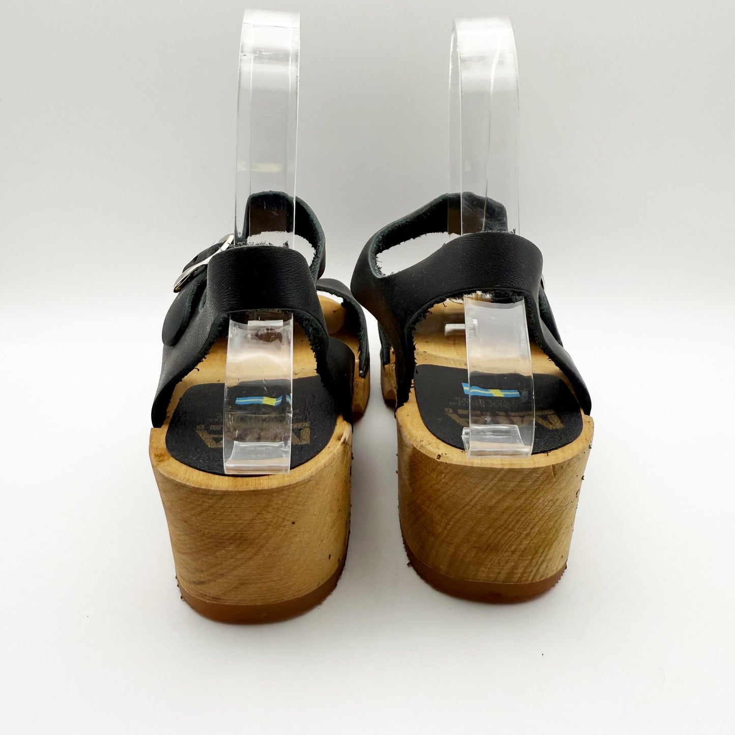 MIA Womens ANJA Clogs EU 37 US 6.5 Black Leather Wooden Heel Peep Toe NIB