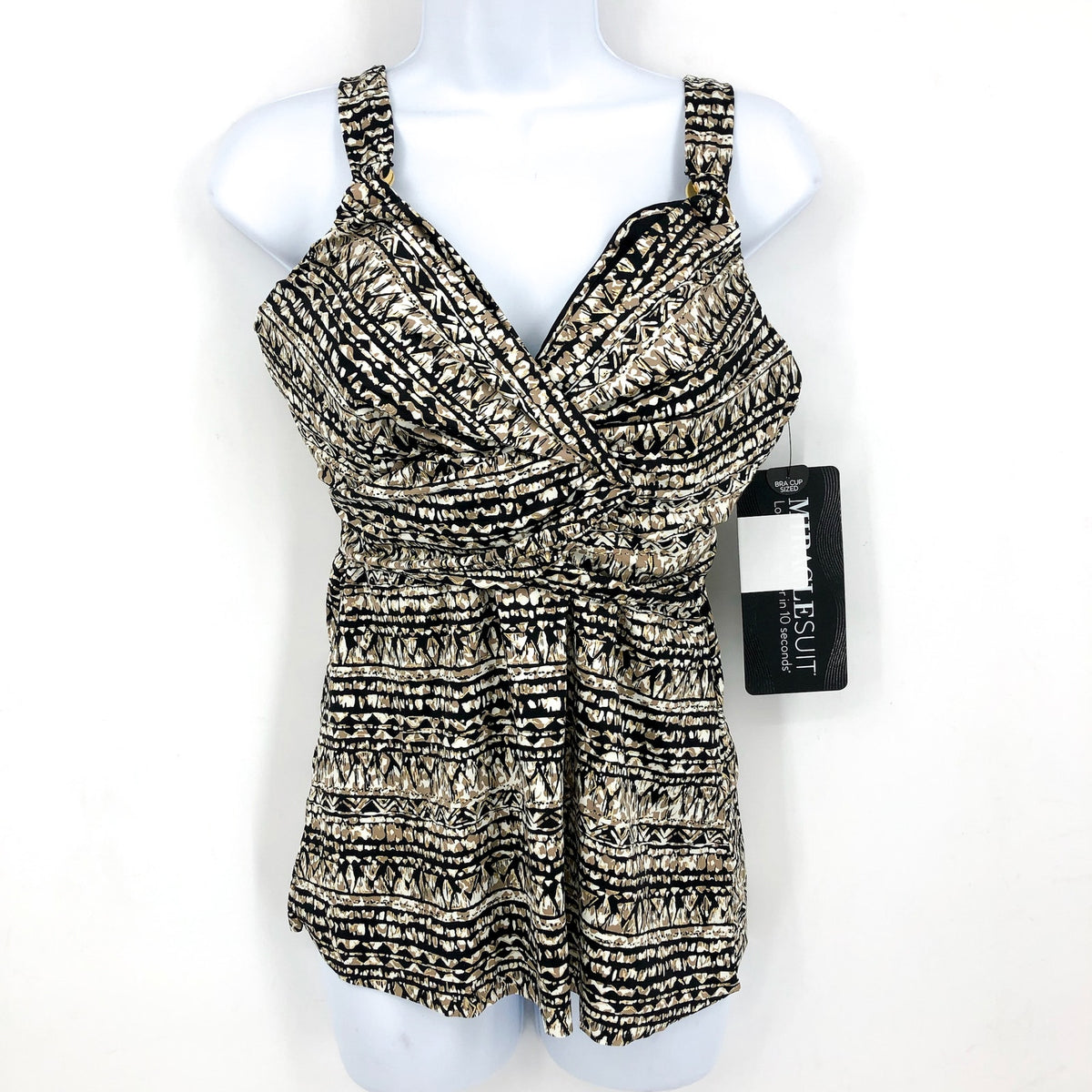 MIRACLESUIT Women's Lynx Plunge Tankini Top Size 36DD Gold Black Printed NWT