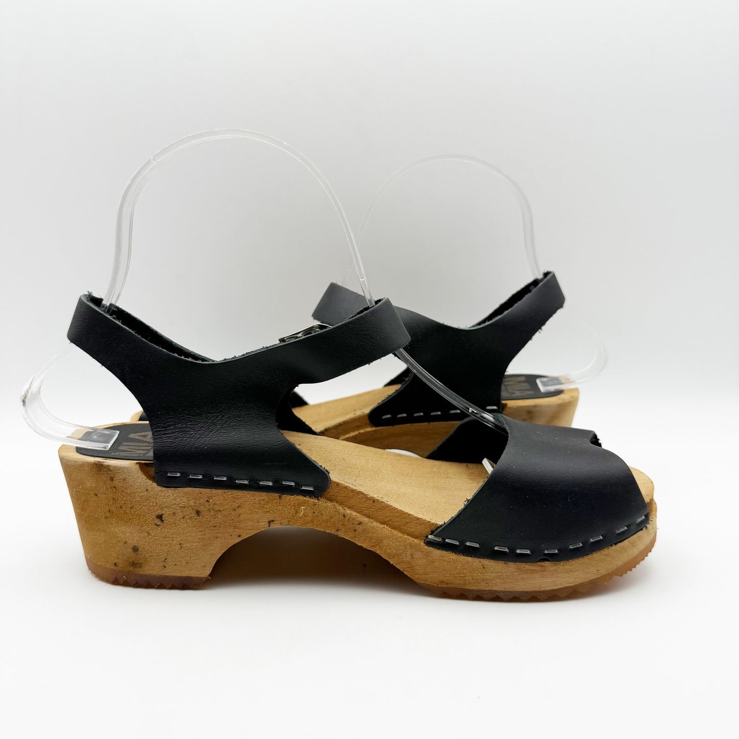 MIA Womens ANJA Clogs EU 37 US 6.5 Black Leather Wooden Heel Peep Toe NIB