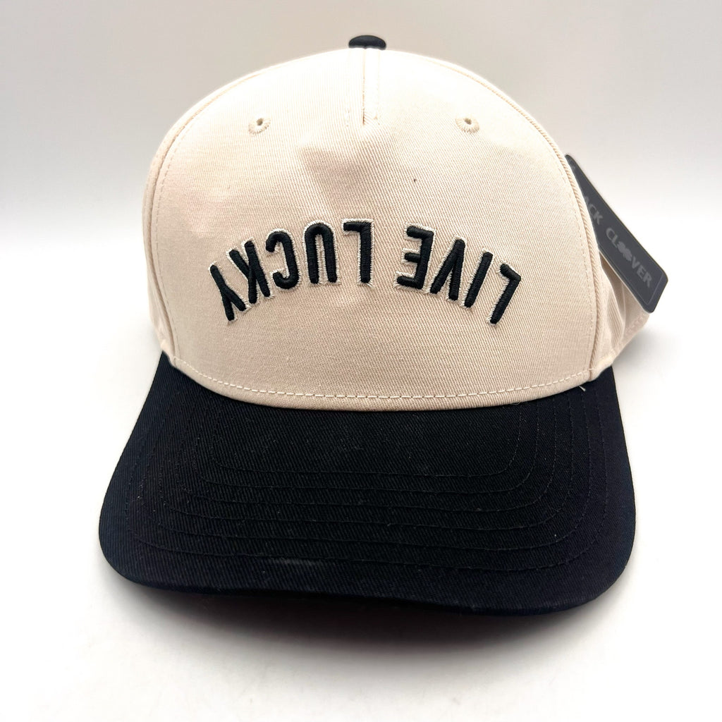 BLACK CLOVER Upside Down Live Lucky Luck 1 Snapback Hat OS Cream Black NWT