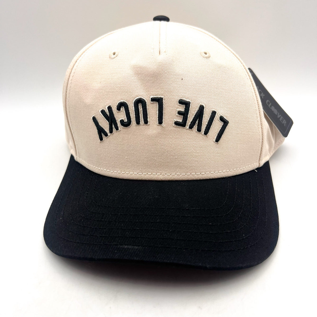 BLACK CLOVER Upside Down Live Lucky Luck 1 Snapback Hat OS Cream Black NWT