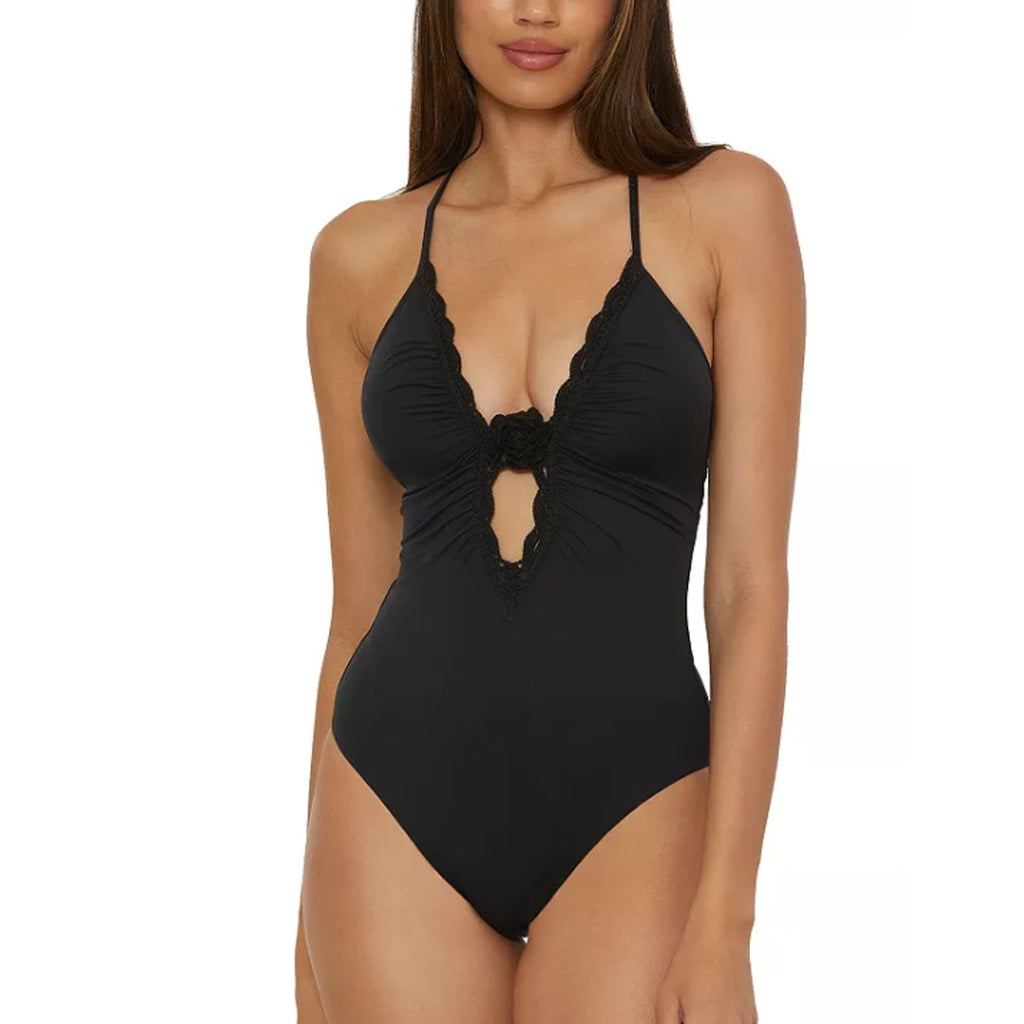 BECCA Colette Clare Plunge One Piece Swimsuit Medium Black Crochet Flower NWT