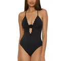 BECCA Colette Clare Plunge One Piece Swimsuit Medium Black Crochet Flower NWT