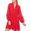 CECE Women's Bow-Print Babydoll Dress Large Red Pink Long-Sleeve NWT