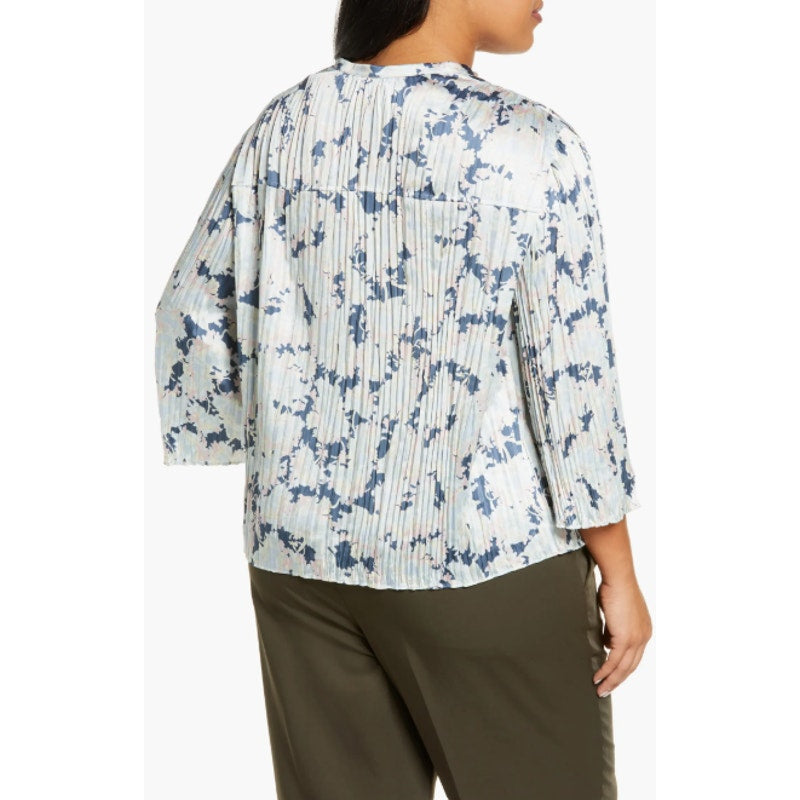 VINCE Women's Pleated Lotus Print Blouse 2X Tide Pool Blue Top Floral NWT