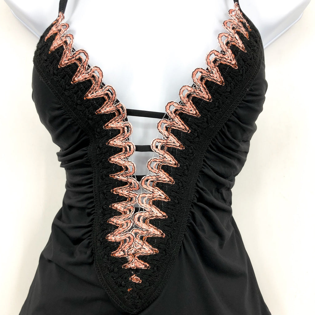 BECCA Women's Layla Plunge One-Piece Swimsuit Medium Black Open Back NWT
