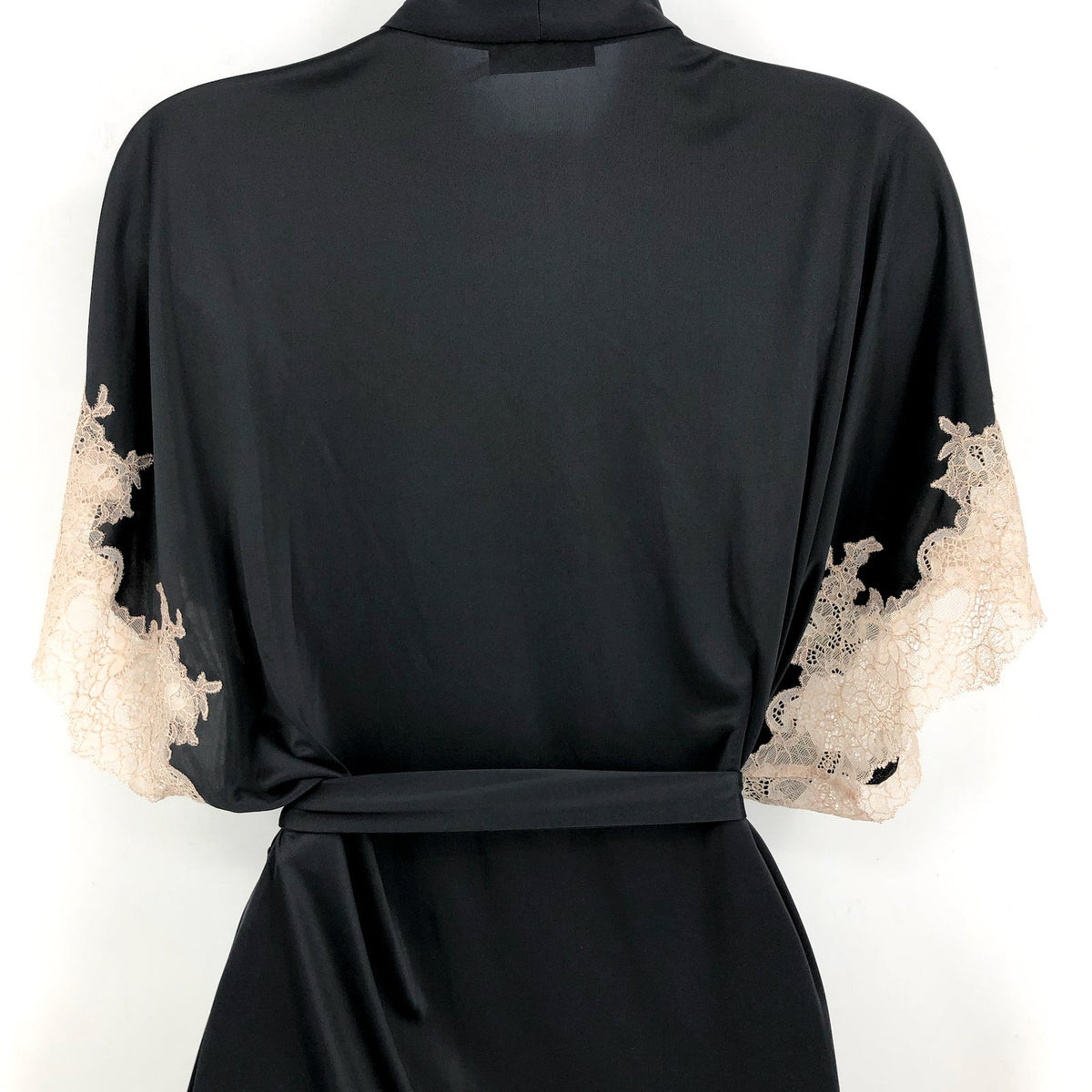 NATORI Women's Enchant Lace Trim Robe Small Black Short Sleeve Tie Waist NWT