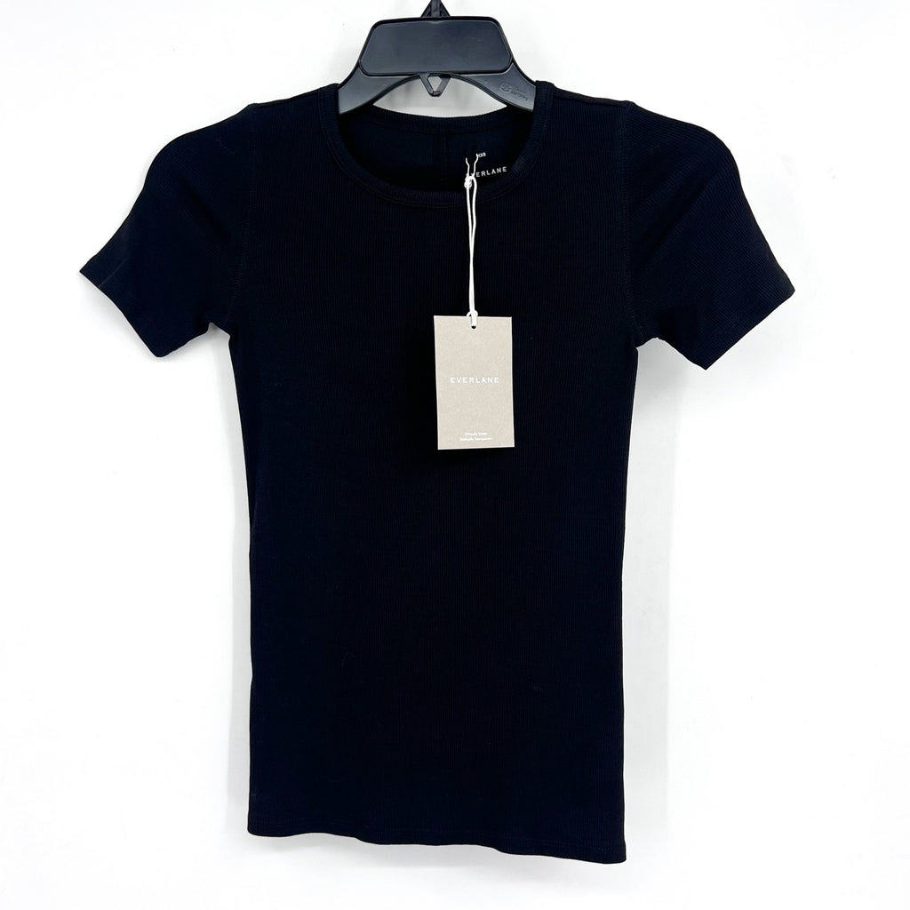 EVERLANE Women's The Luxe Rib Crew Tee XXS Black Short Sleeve Supima Cotton NWT